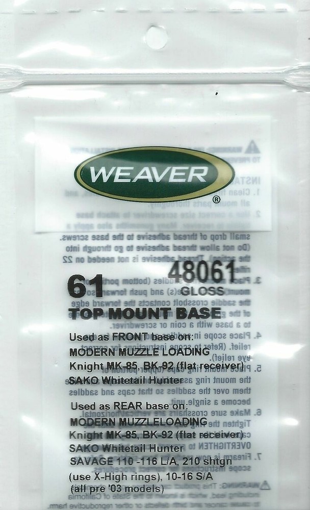 Weaver, Model #61 Detachable Top Mount 2 Piece Base, Modern Muzzle Loading 48061