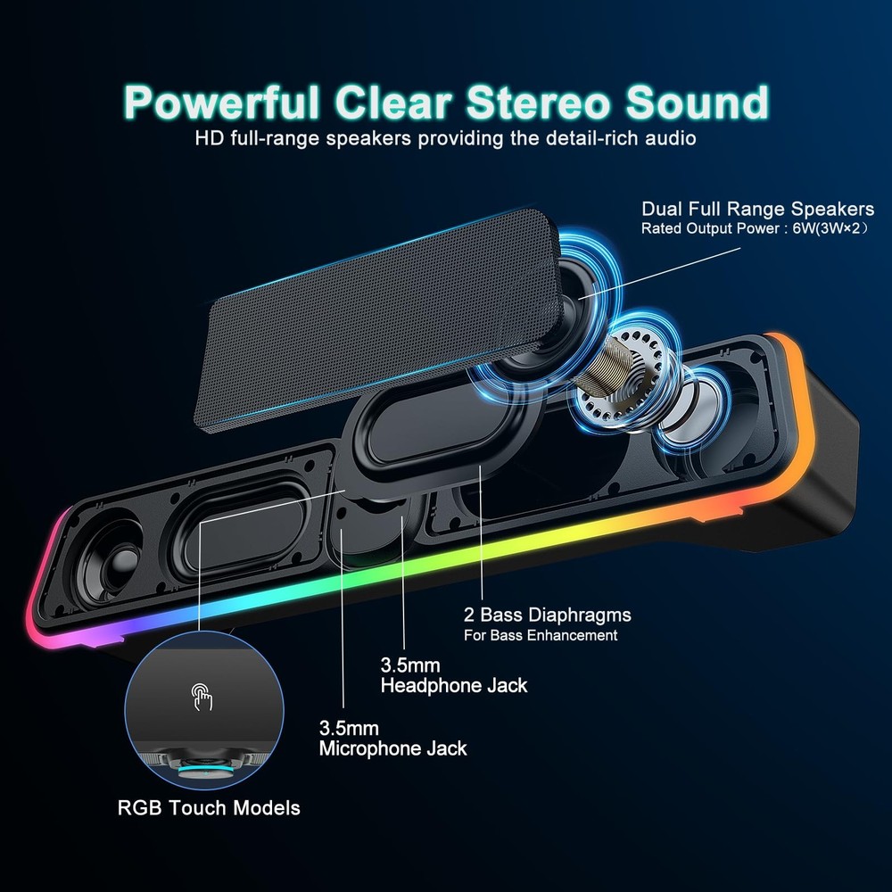 Computer Speakers - Wired USB Powered Bluetooth Computer Sound Bar with RGB &...