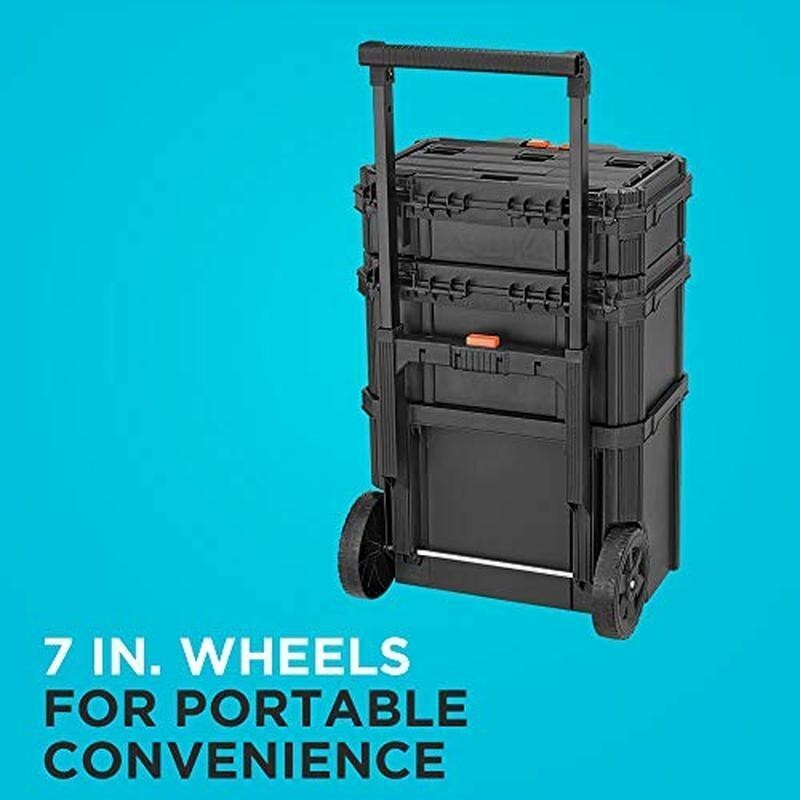 Stackable Storage System 3 Compartments Toolbox Rolling Tote Quick Access ‎Black