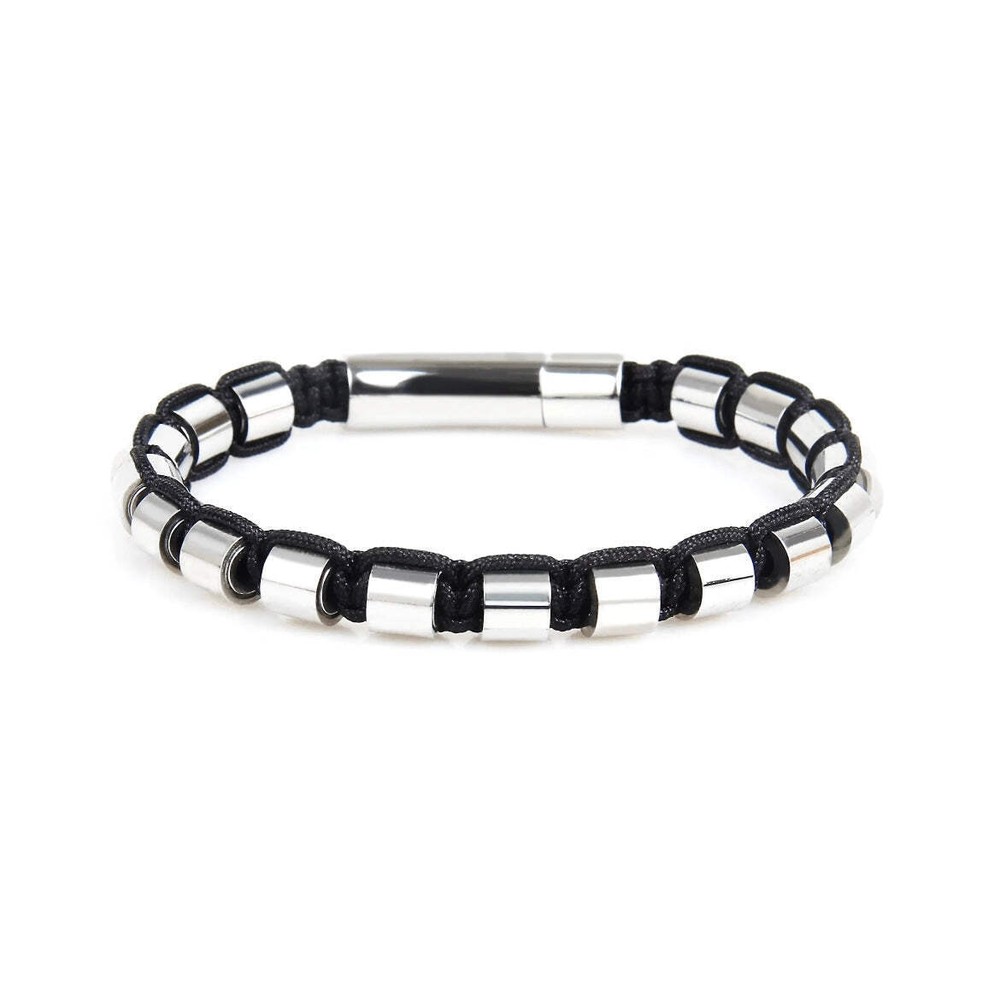 Silver Metal Beads & Black String Braided Bracelet