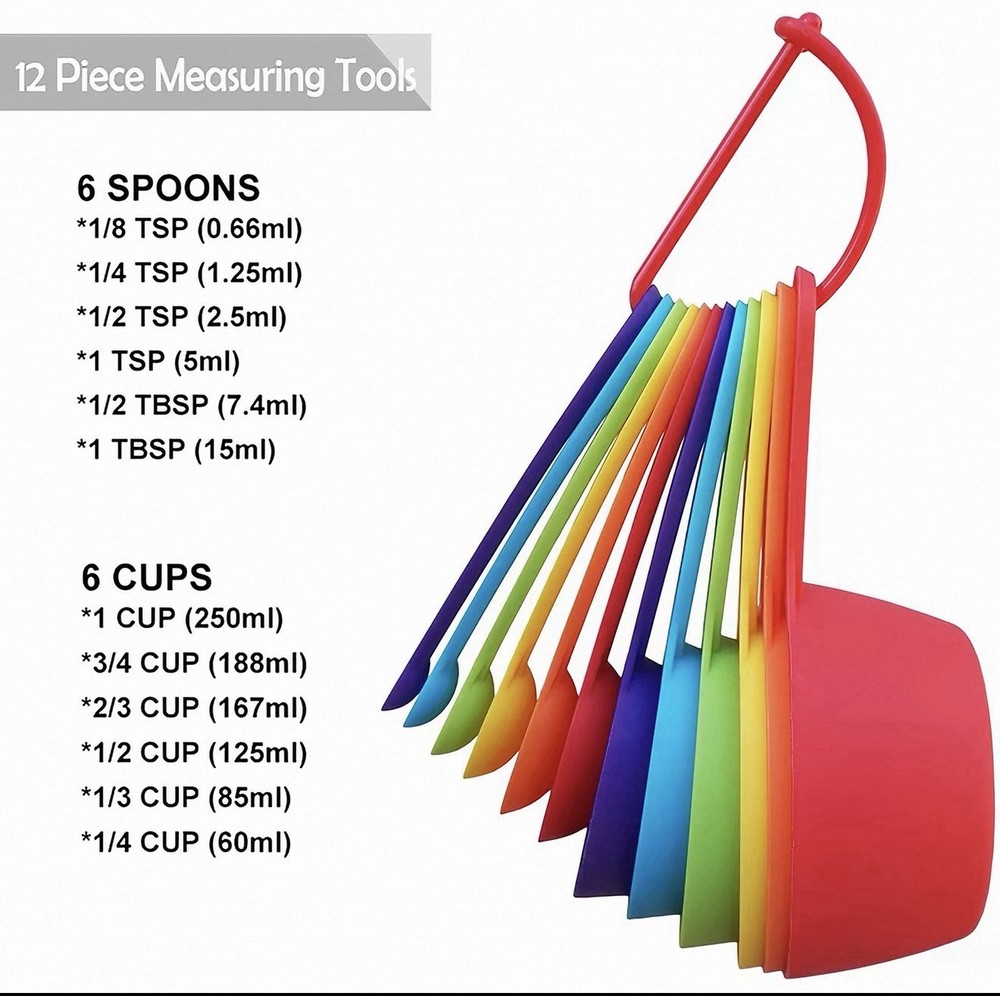 12 Piece Colored Plastic measuring Spoons. New