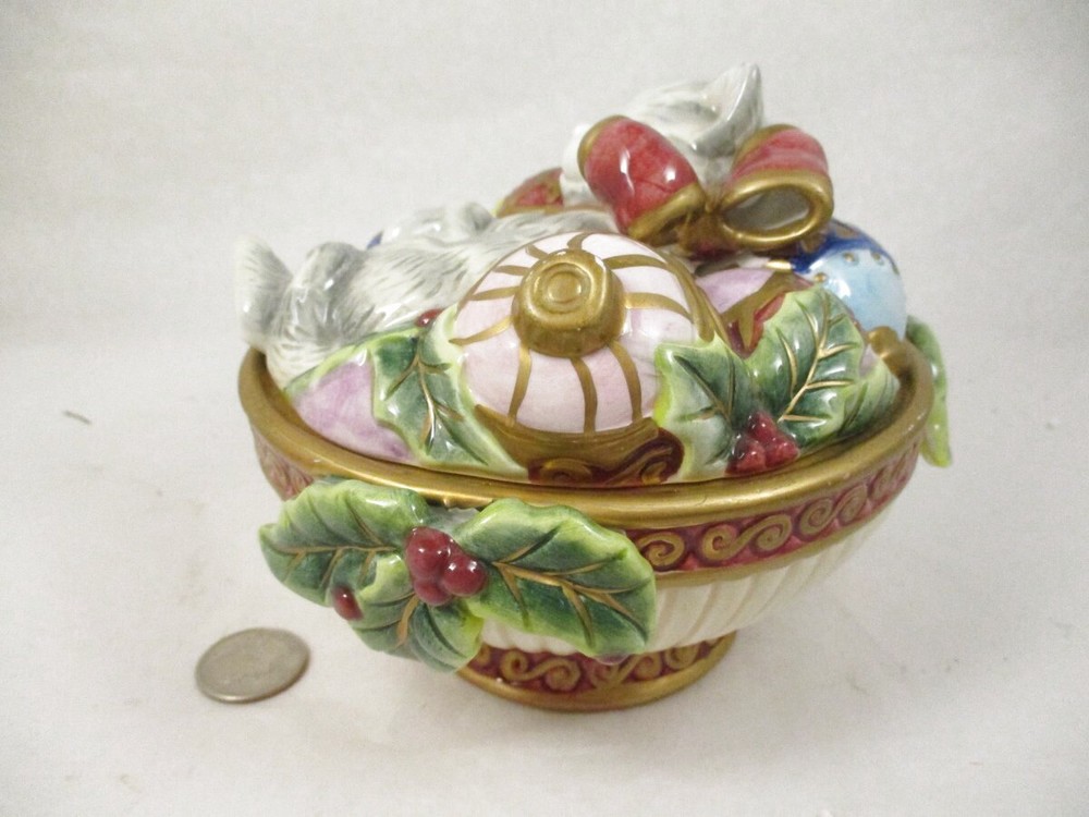 Fitz &; Floyd Essentials Christmas Kitty Cat Sleeping Fitted Lidded Candy Dish F