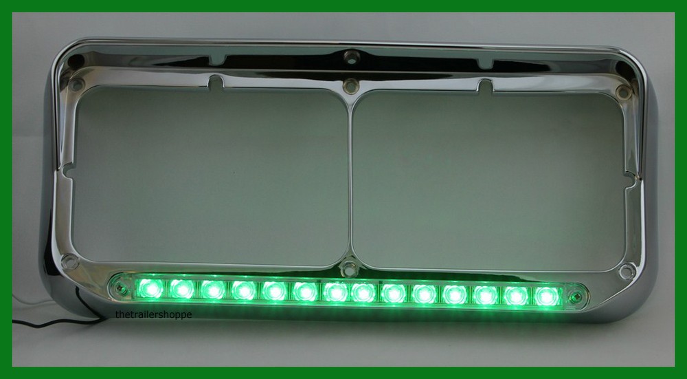 Chrome Plastic Dual Rectangular Headlight Bezel with Visor 14 LED Green -1 Set