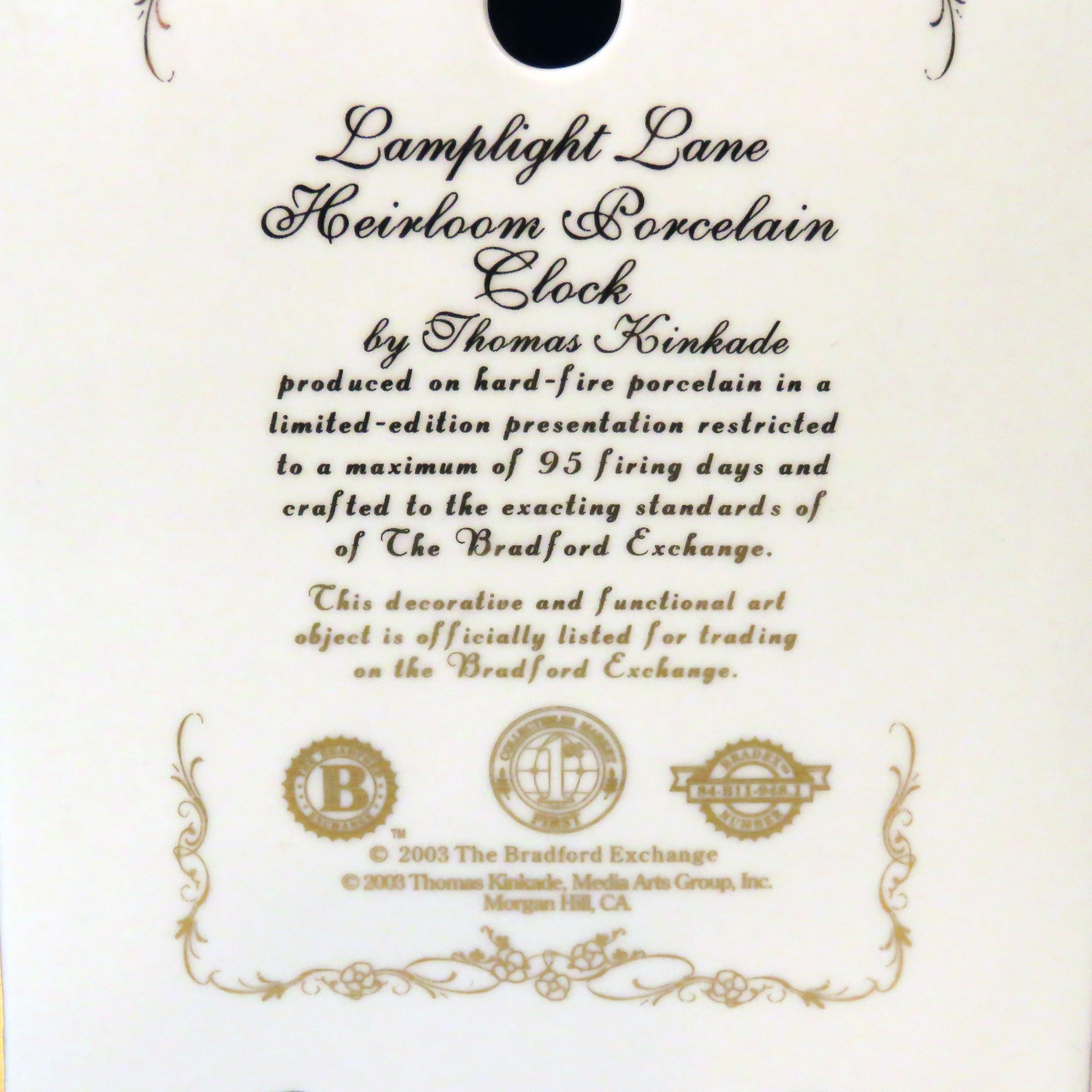 Bradford Exchange Thomas Kinkade Lamplight Lane Heirloom Porcelain Clock Ltd Ed