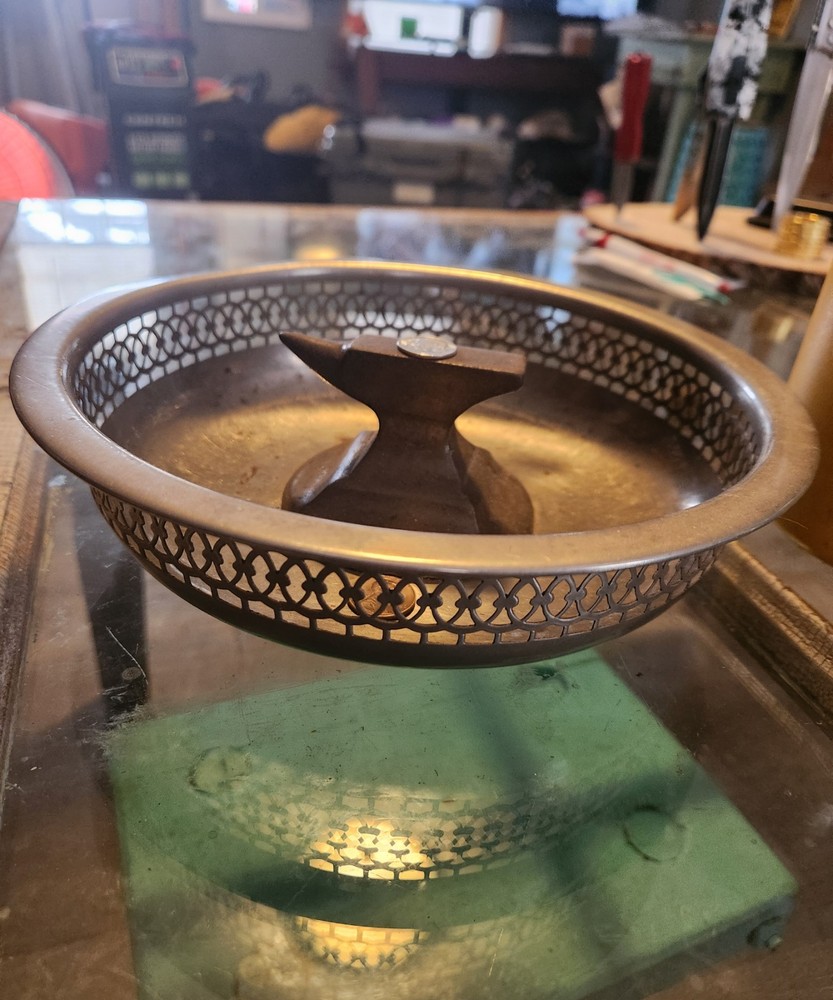 antique Farberware dish ornate bowl w/ miniature anvil