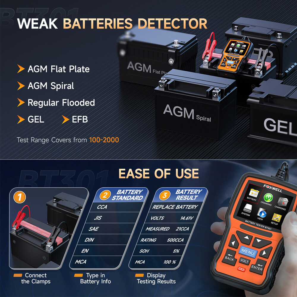 FOXWELL BT301 Battery Tester Load Drop Charging System Checker Analyzer Tool 12V