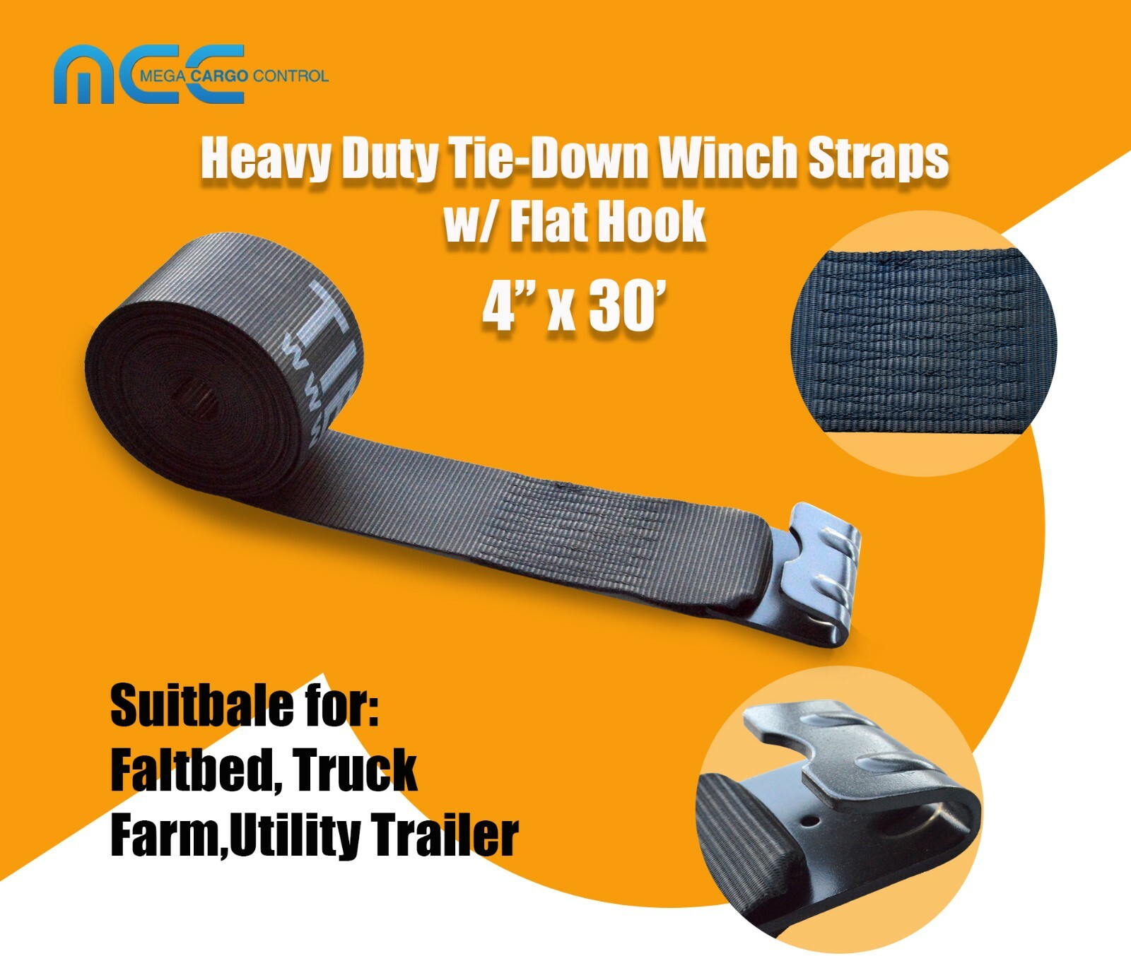 Heavy Duty 4" x 30' Winch Strap w/ Flat Hook Flatbed Truck Trailer Farm Tie Down