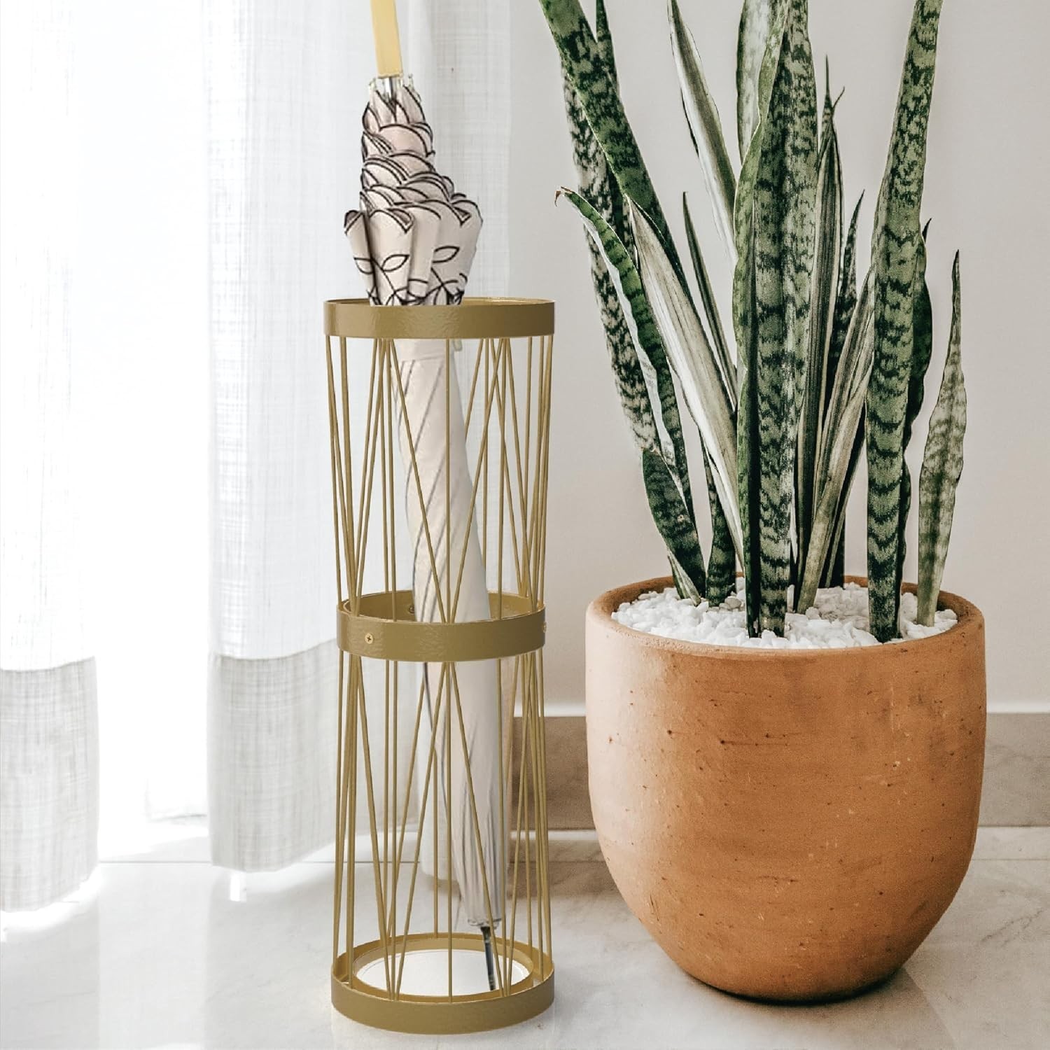 Rustic Modern Umbrella Stand in Gold, Includes Soakstone Water Absorption Tray
