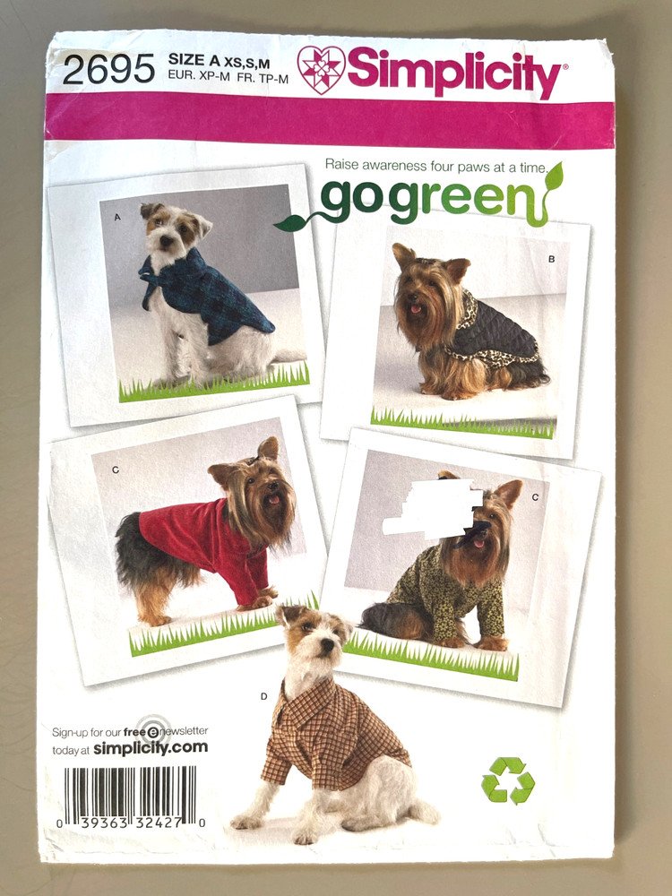 Simplicity Dog Clothes Pattern 2695 Size XS-M UNCUT