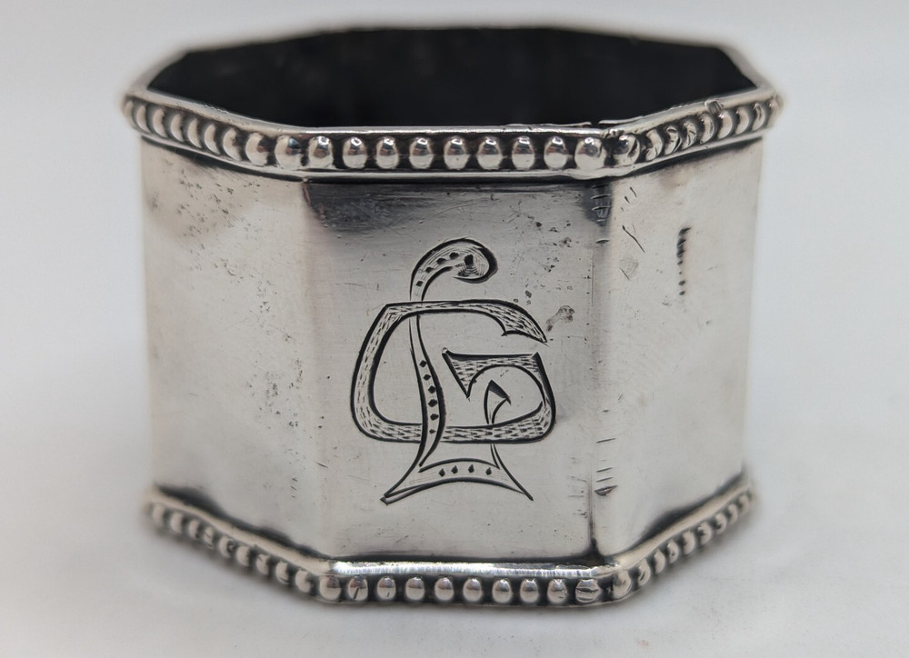 Antique Octagonal German 800 Silver Napkin Ring "GL" or "LG" initials, as is