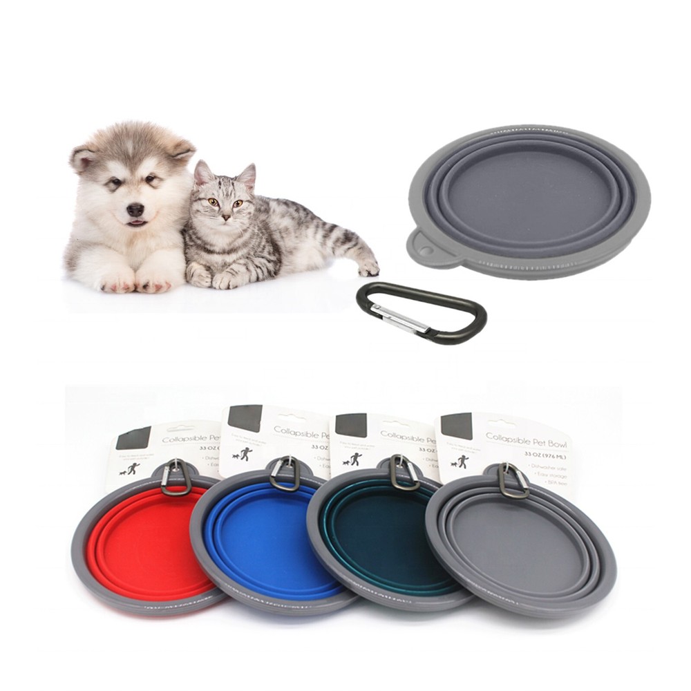 Silicone Basic Bowl with Plastic Rim and D-Ring,Foldable Travel pet Feeder 34oz