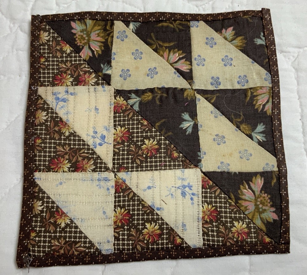 Antique Patchwork Quilt Table Topper, Nine Patch, Triangle, Early Calicos, Brown