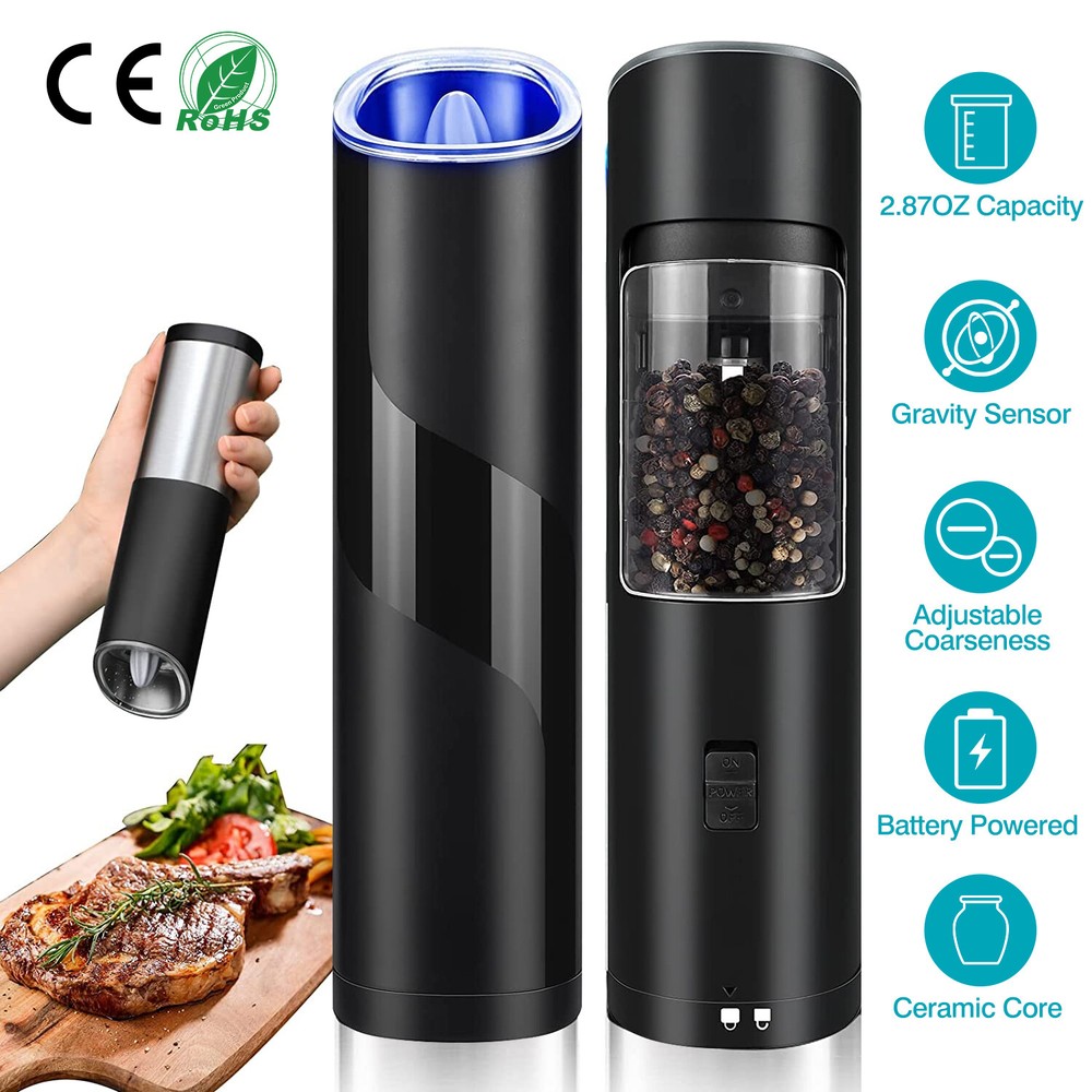 Electric Black Salt & Pepper Grinder LED Light Adjustable USB High-capacity