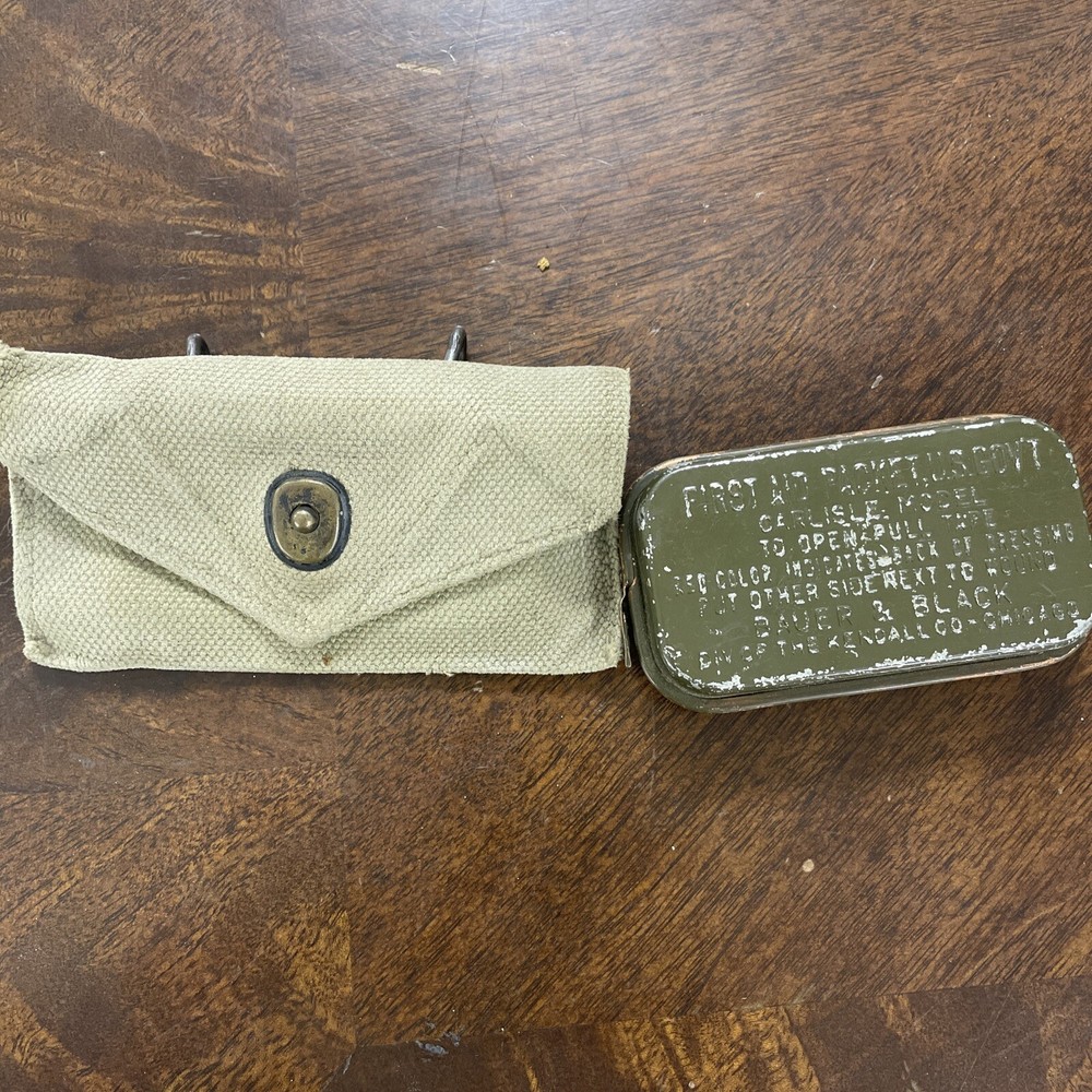 WW II WW 2 ORIGINAL WWII US ARMY FIRST AID CARLISLE BANDAGE TIN And Pouch