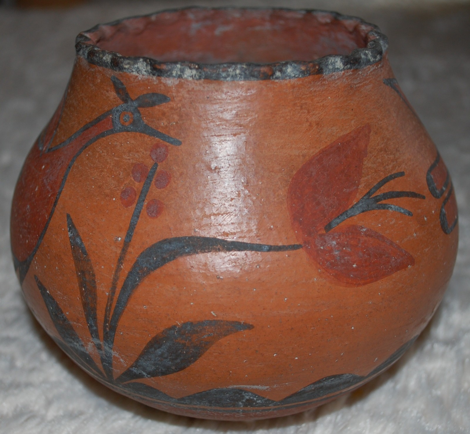 Early 1900-1920 Zia Pottery Jar with Bird and Flower figures- 6" diameter -Solid