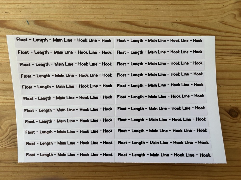 48 PRINTED VINYL POLE LABELS - POLE FLOAT - POLE RIG - WINDER - WATERPROOF HOOK