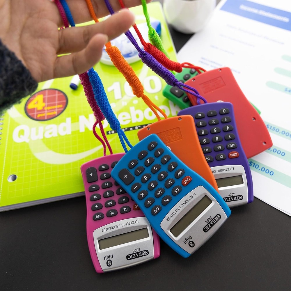 BAZIC Pocket Calculator 8-Digit LCD with Neck String 24-Pack Assorted Colors