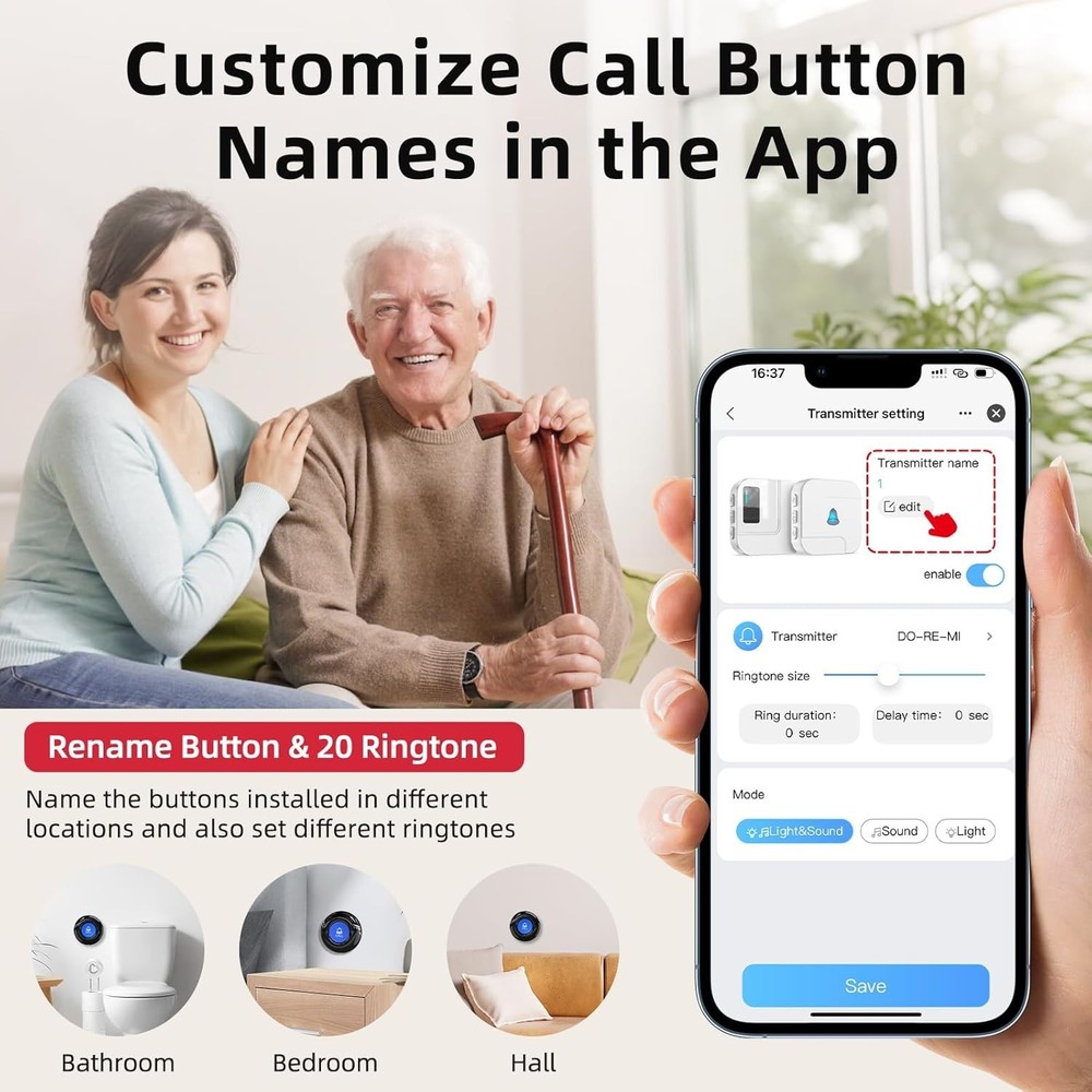 Wireless Emergency Call Button for Elderly - App-Enabled Alert System at Home