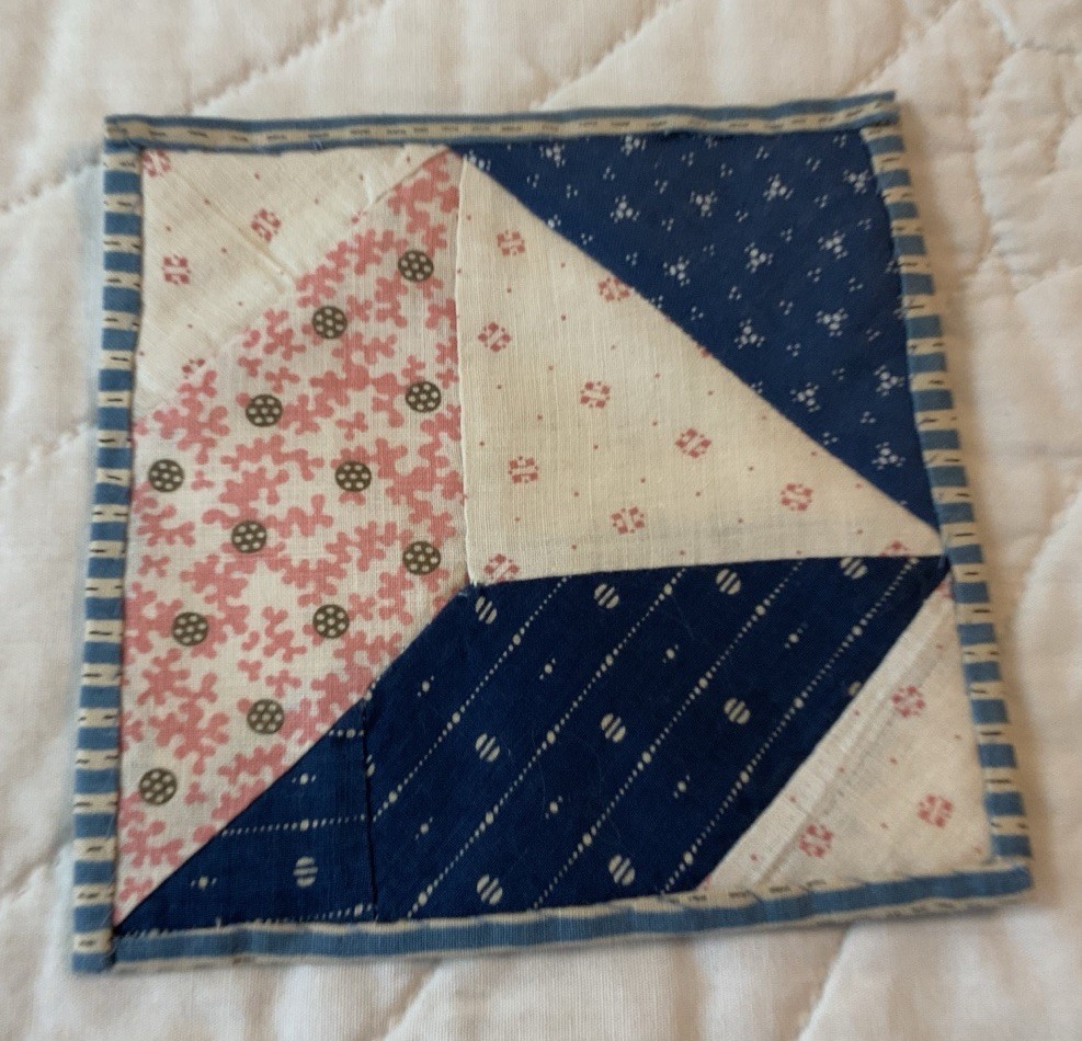 Antique Patchwork Quilt Table Topper, Early Calico Prints, Triangles, Navy, Pink