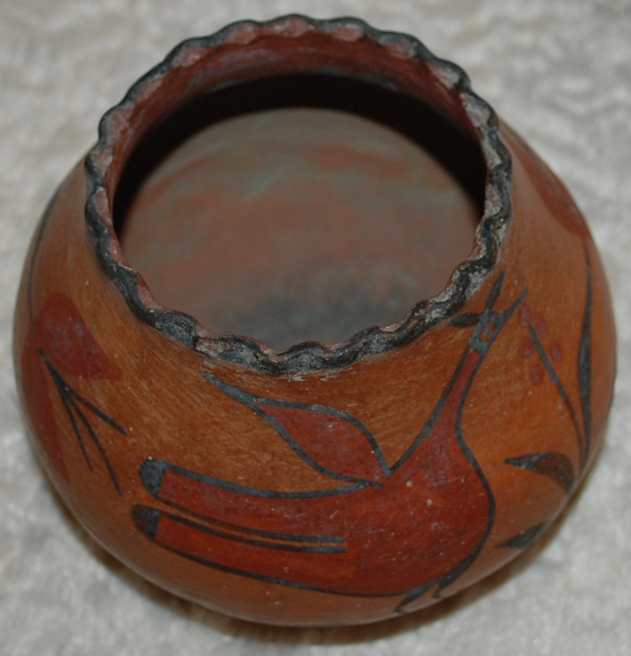 Early 1900-1920 Zia Pottery Jar with Bird and Flower figures- 6" diameter -Solid