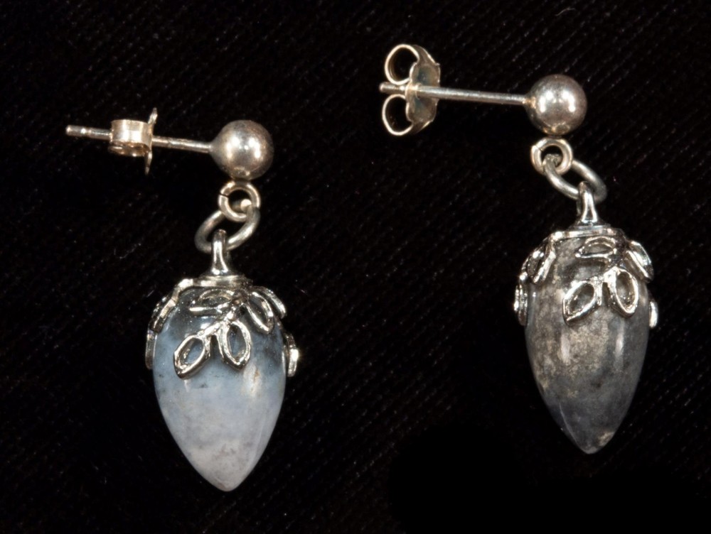 Sterling Silver Grey Stone Opal Shape Filigree Dangle Earrings Studs NEW