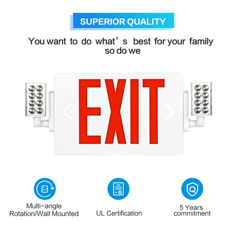 UL Listed- 4 Packs Led Red Exit Sign with Lighting Combo Battery Backup Set.
