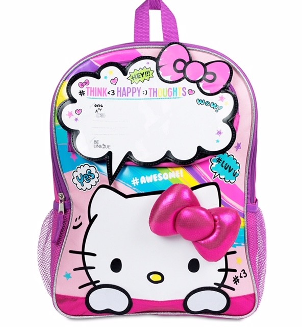 Hello Kitty w Padded 3D Bow, Attached Exterior Thought Board School Backpack