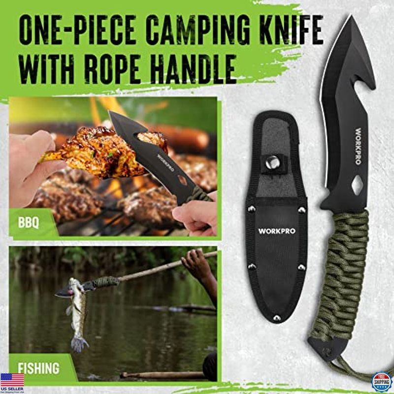 WORKPRO Camping Tool Set: Hatchet, Machete, Fixed Blade Knives, Headlamp & Flint