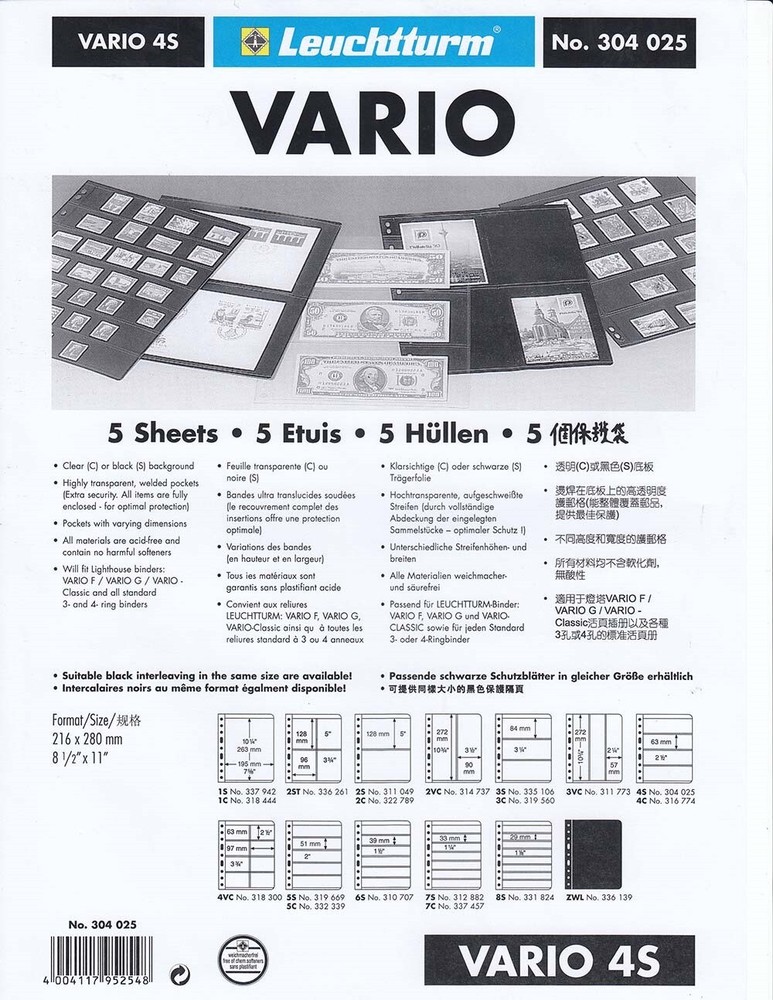 Lighthouse Vario Pages 4S 4 Rows Stamps Sheets Pack of 5 Black Free US Shipping