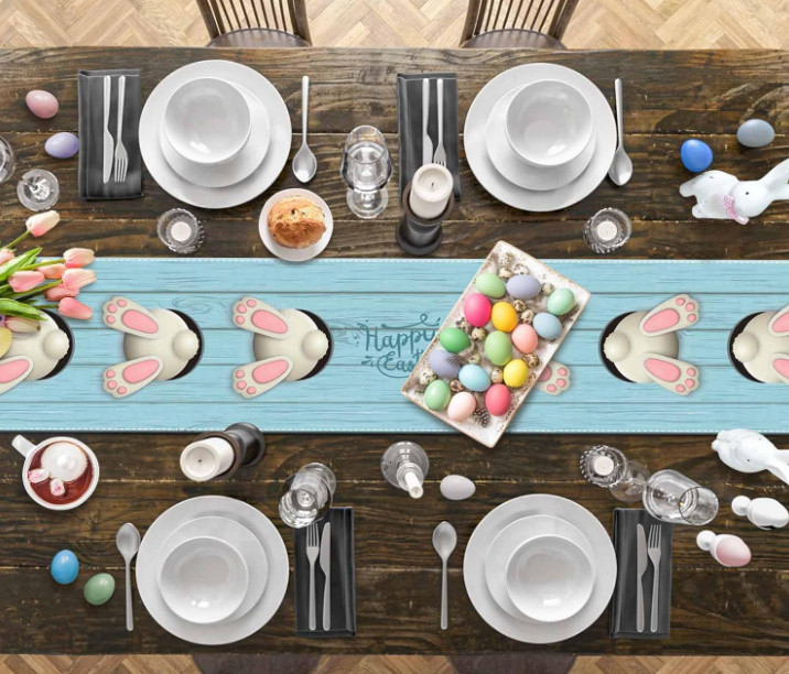 Easter Bunny Table Runner 13X108 Inches Long, Cute Bunny Butt Colored Easter Egg