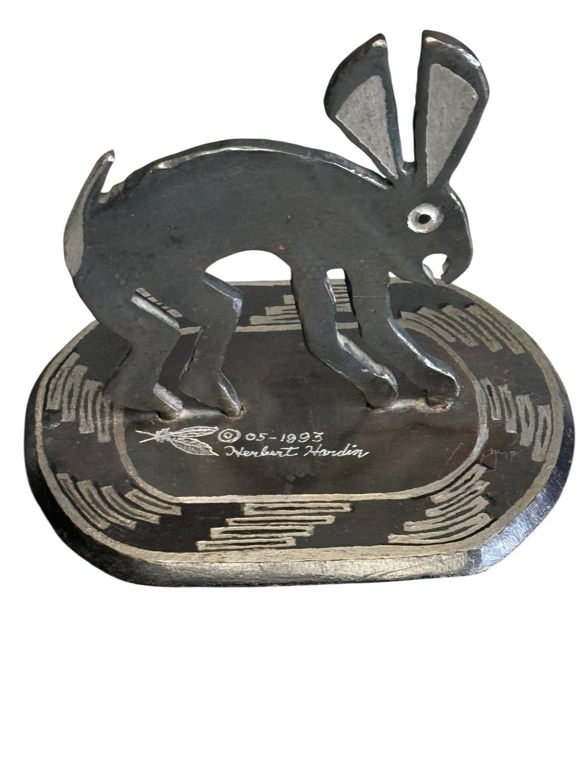 Herbert Hardin Signed Metal Mimbus Rabbit Sculpture 1993 Santa Clara Southwest