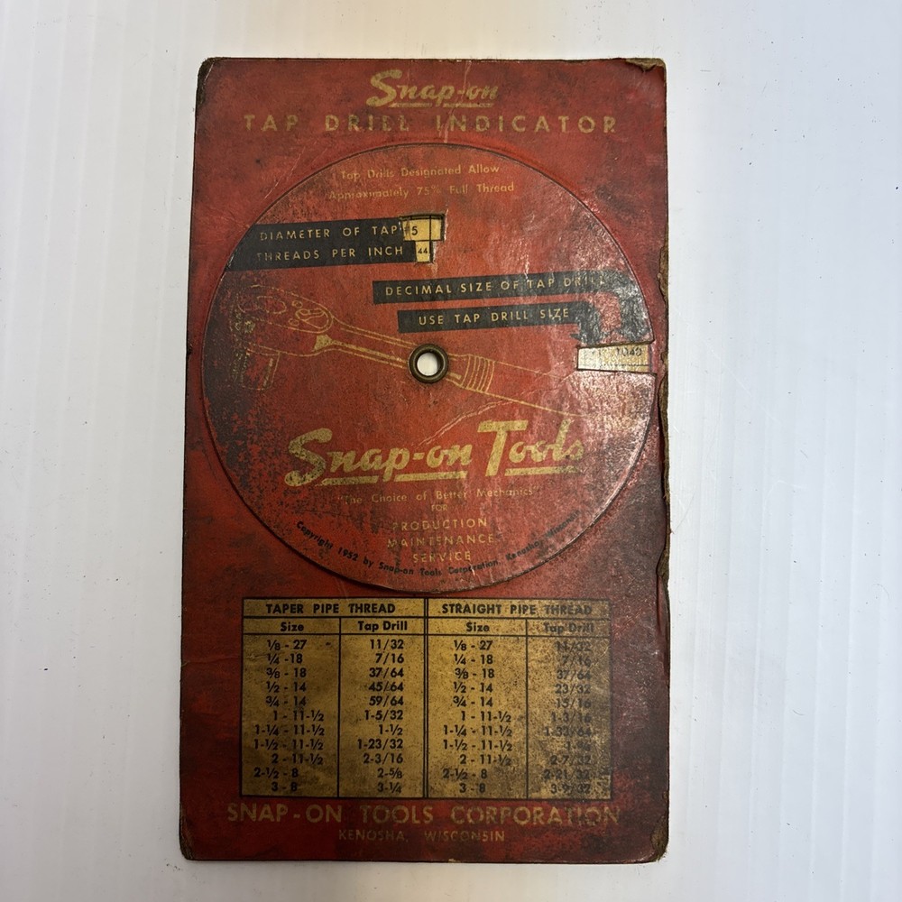 Snap-on Tools 5-52 Tap Drill Size Indicator Circular Round Slide Rule Chart 1952