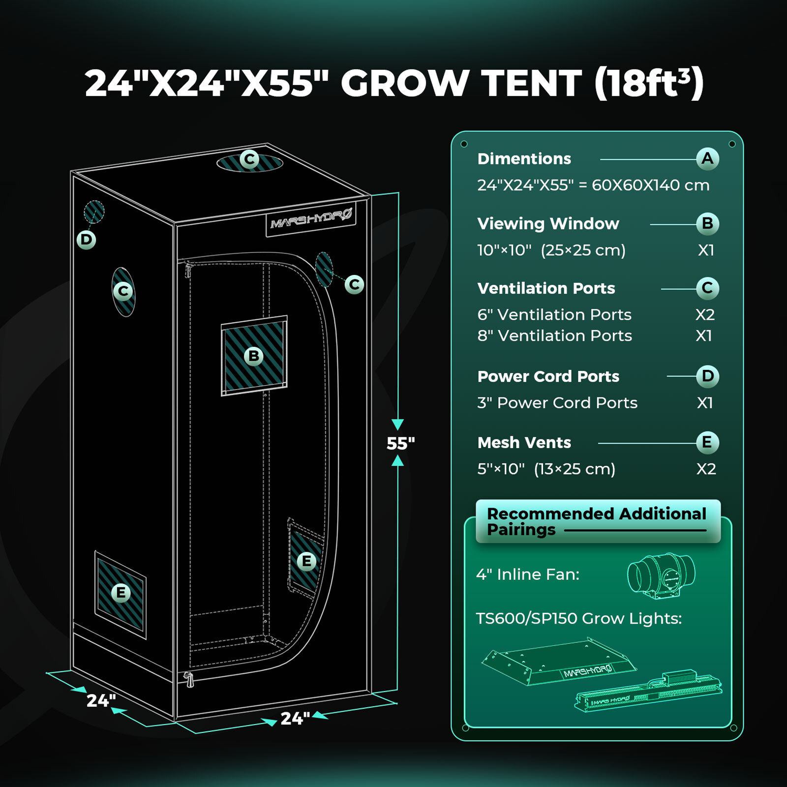 Mars Hydro TS 600 150W Complete Grow Tent Kit with Inline Fan