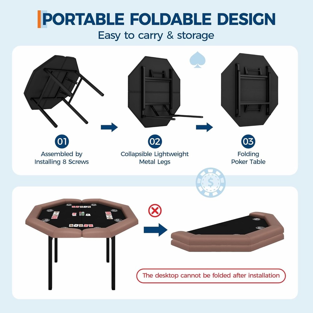 Complete 8-Player Poker Set: Foldable Octagon Table W/ Padded Rail & Cup Holder