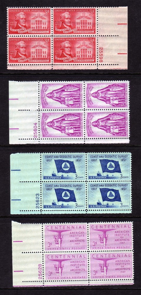 1957 COMMEMORATIVE PLATE BLOCK YEAR SET.  (14) DIFFERENT.  SCV $14