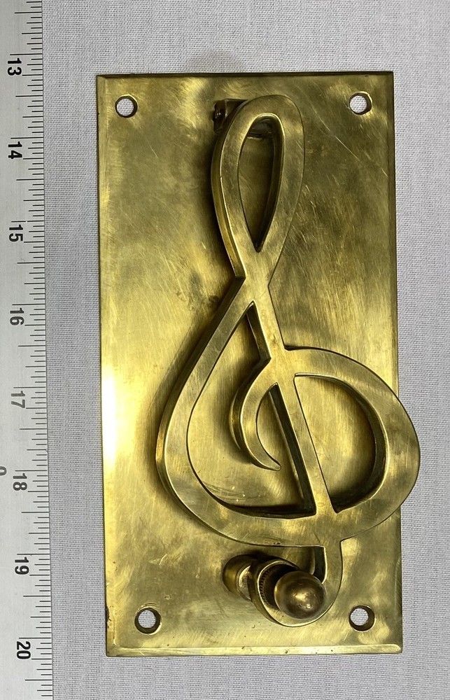 SOLID BRASS TREBLE CLEF HINGED DOOR KNOCKER  & STRIKE PLATE 7”x3.5”
