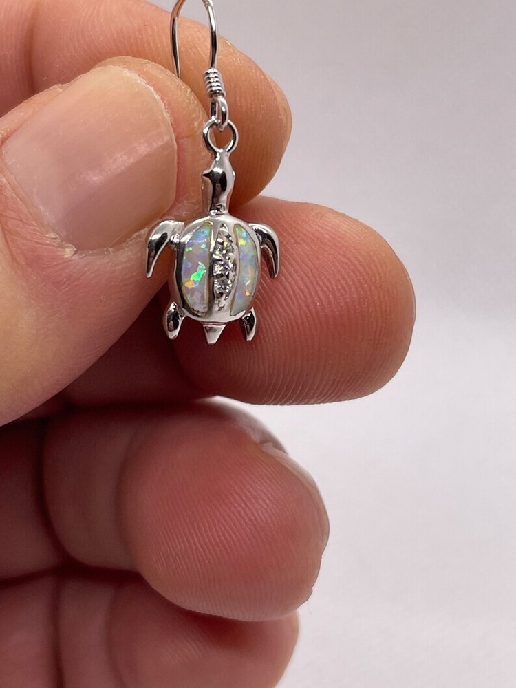 Dangling turtle earrings with opal & lab created diamonds 925 sterling silver