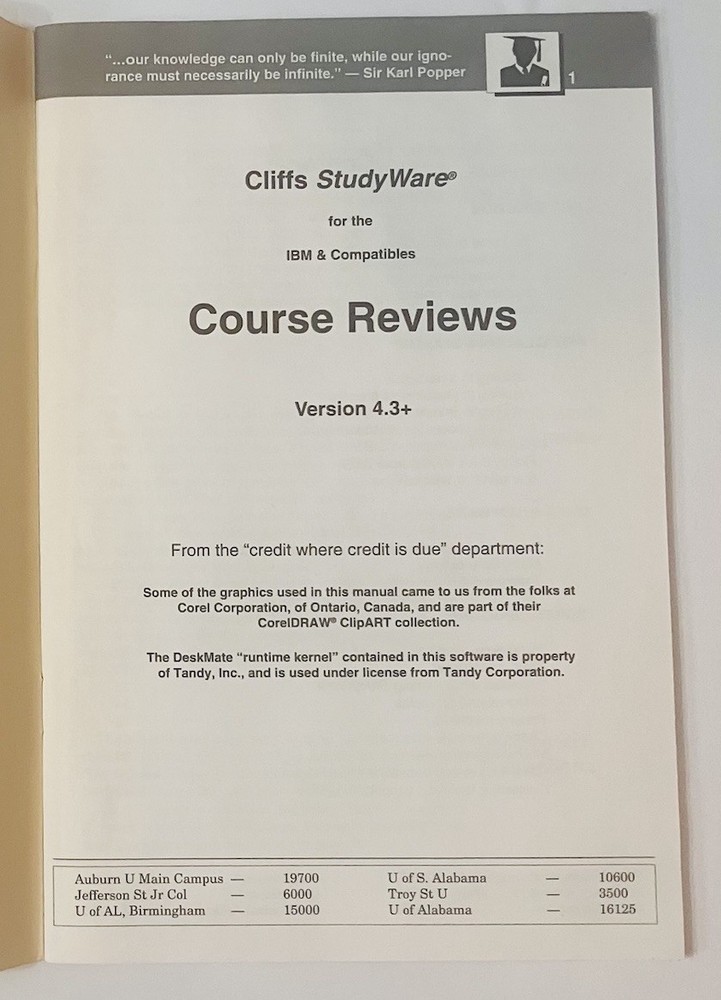 1993 Cliffs StudyWare Course Review User’s Manual, IBM Version Vintage Guidebook
