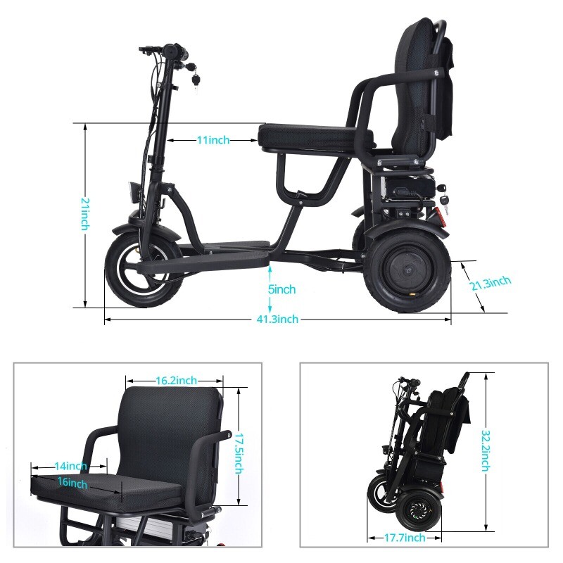 Dual Motor 700W 3-Wheels Folding Senior Electric Mobility Scooter 48V/10Ah 300lb