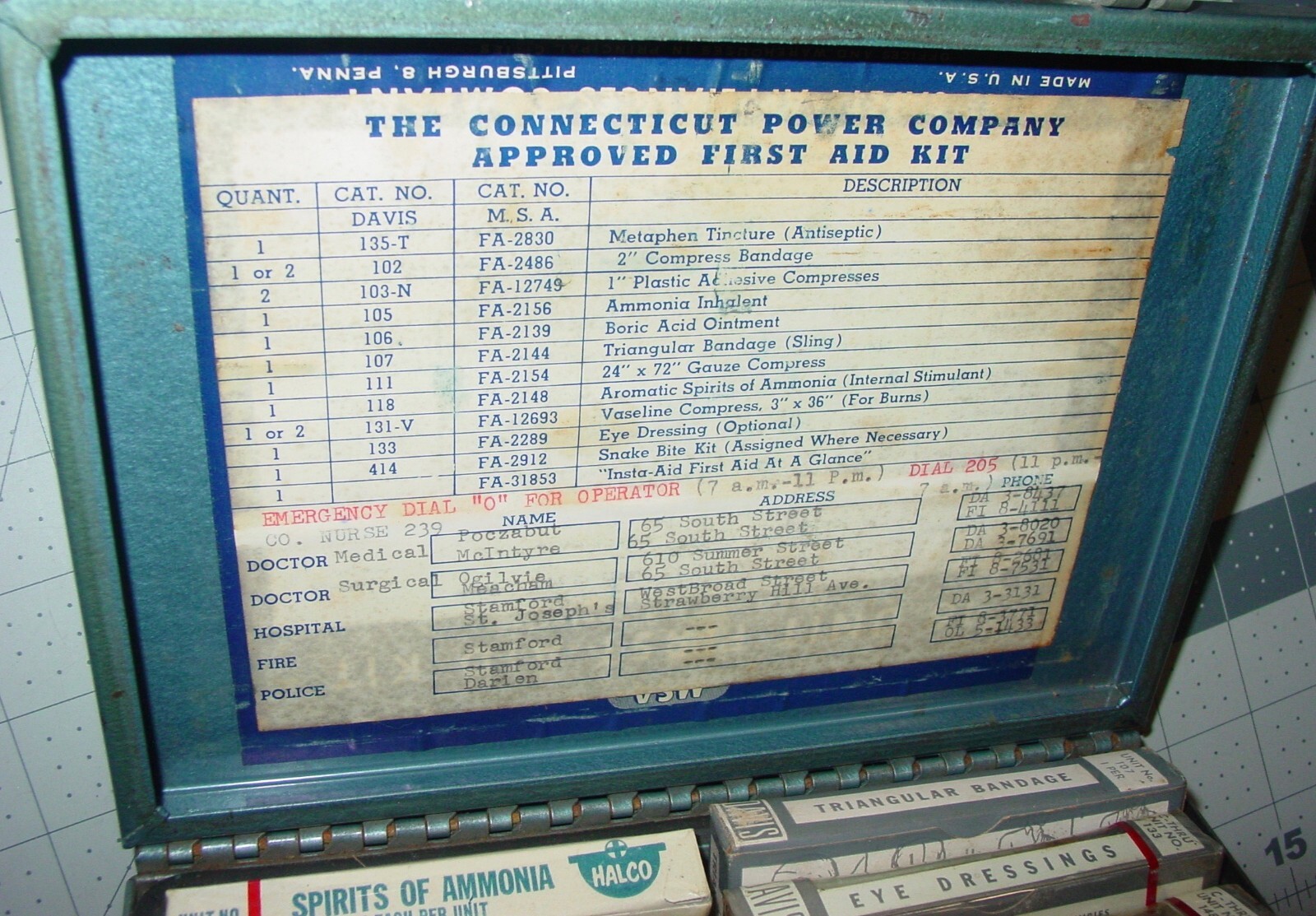 Vintage MSA Mine Safety Power Company Metal Mount First Aid Kit w/Contents USA