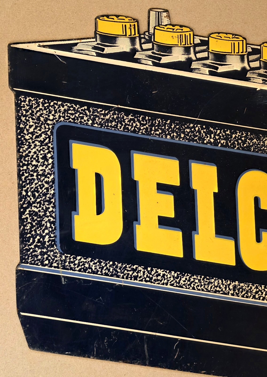 Rare vintage DELCO ** America's No. 1 BATTERY ** FLANGE SIGN - 6 volt gas oil