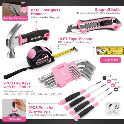 WORKPRO Pink Cordless Drill Driver with Toolbox, 43PCS Tool Set