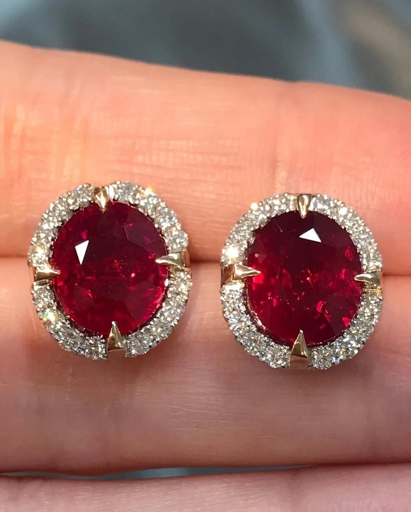 5.60 Ct Oval Cut Natural Ruby Diamond Earring 14K Solid White Gold Stud