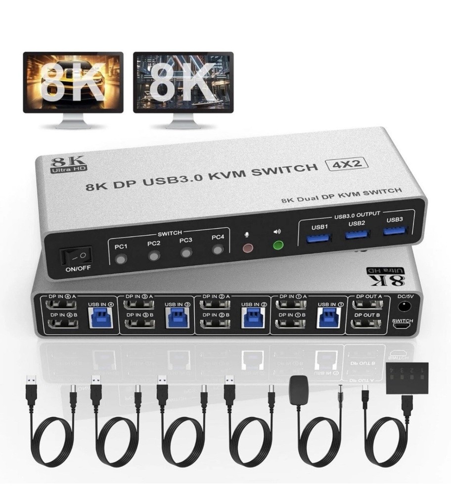 8K@60Hz Displayport USB 3.0 KVM Switch 2 Monitors for 4 Computers
