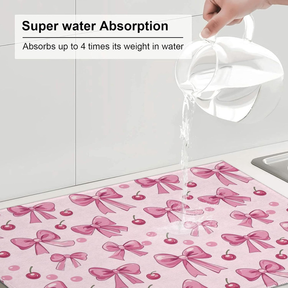 Dish Drying Mat for Kitchen Pink Bow Pattern Cherry Counter Absorbent Dishes