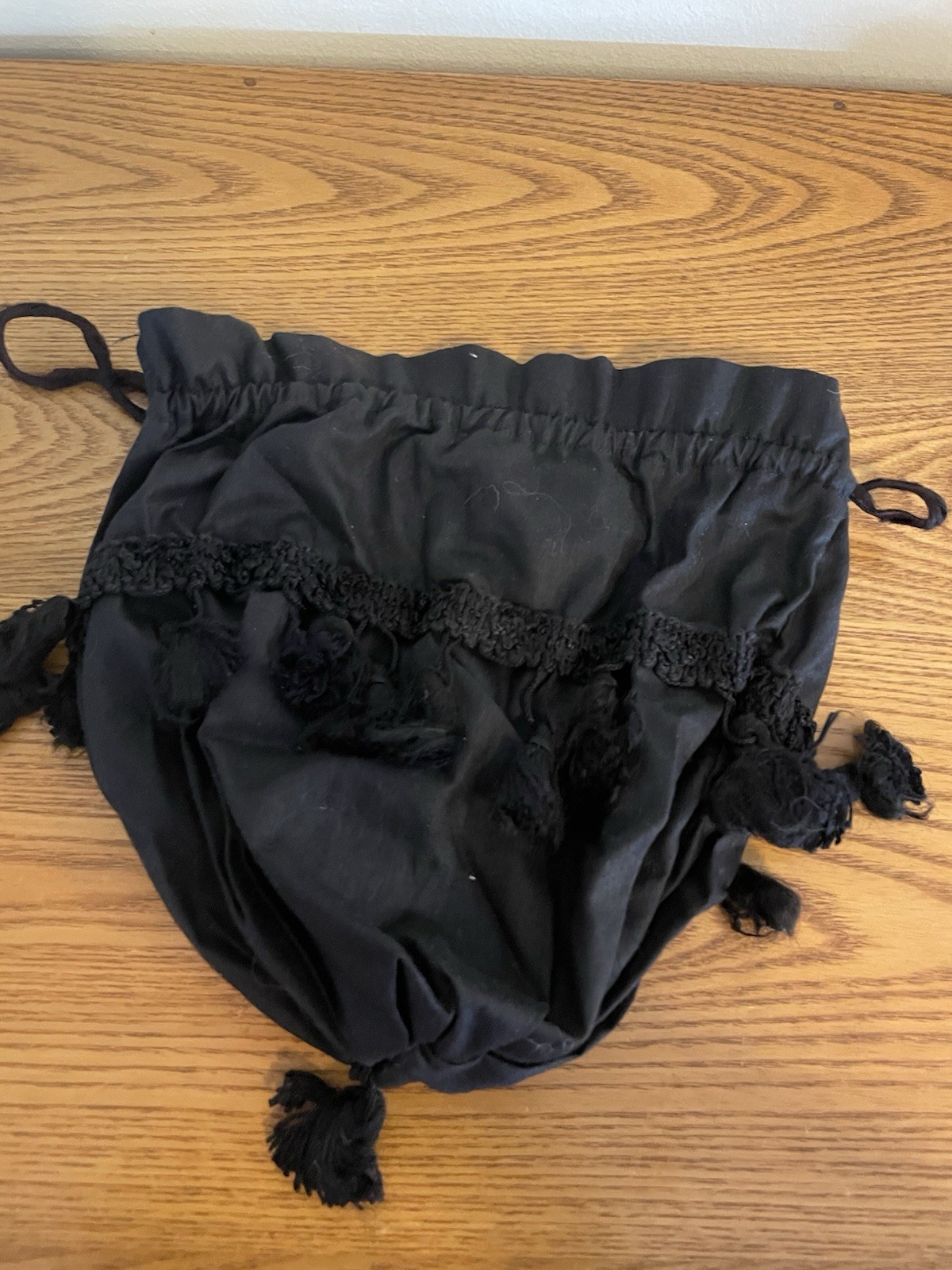 Victorian 1800s Reproduction Drawstring Black Fabric Purse Bag Tassels