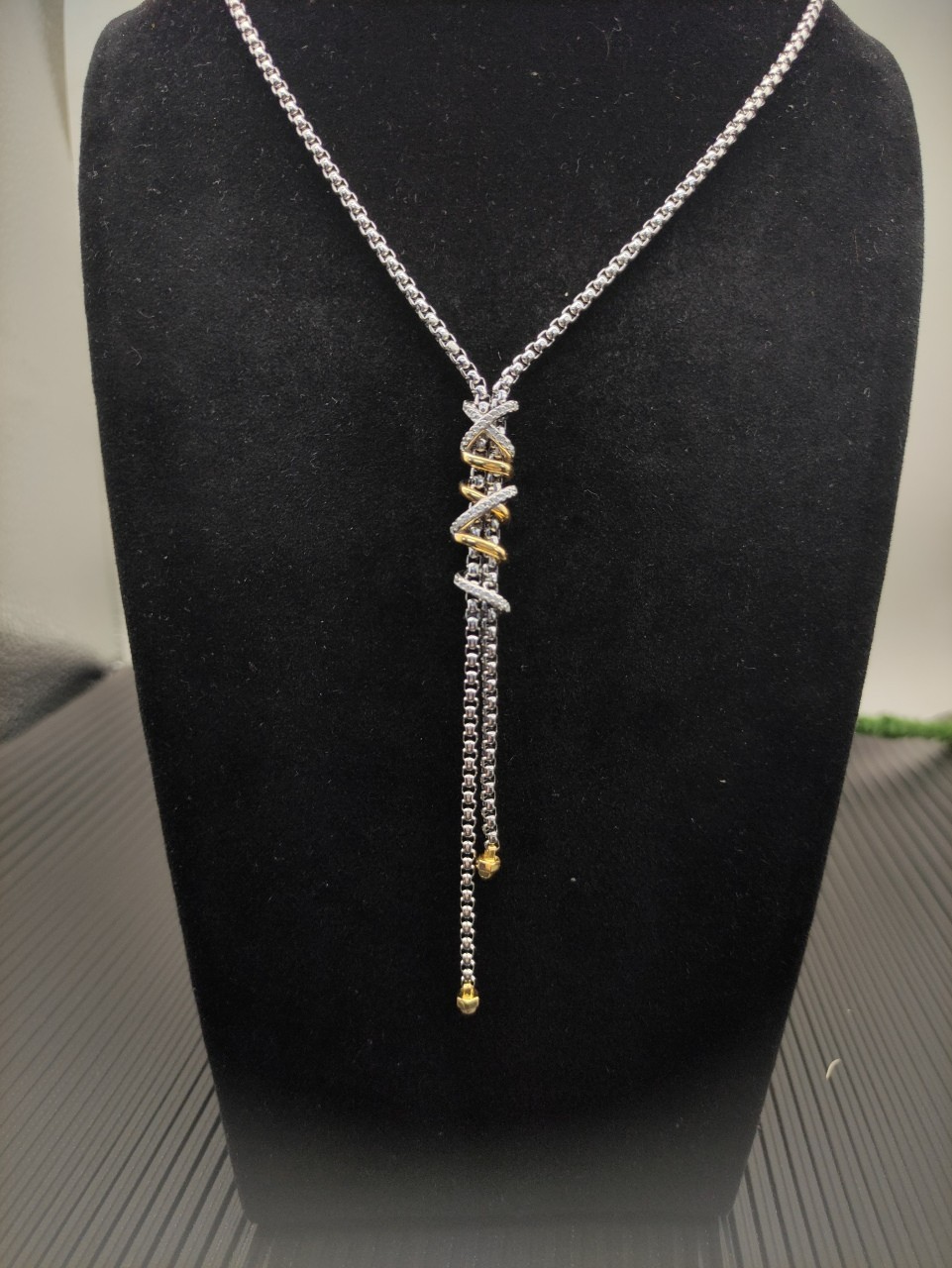 David Yurman Helena Y Necklace Sterling Silver w/ 18K Gold & Diamonds 17.7"