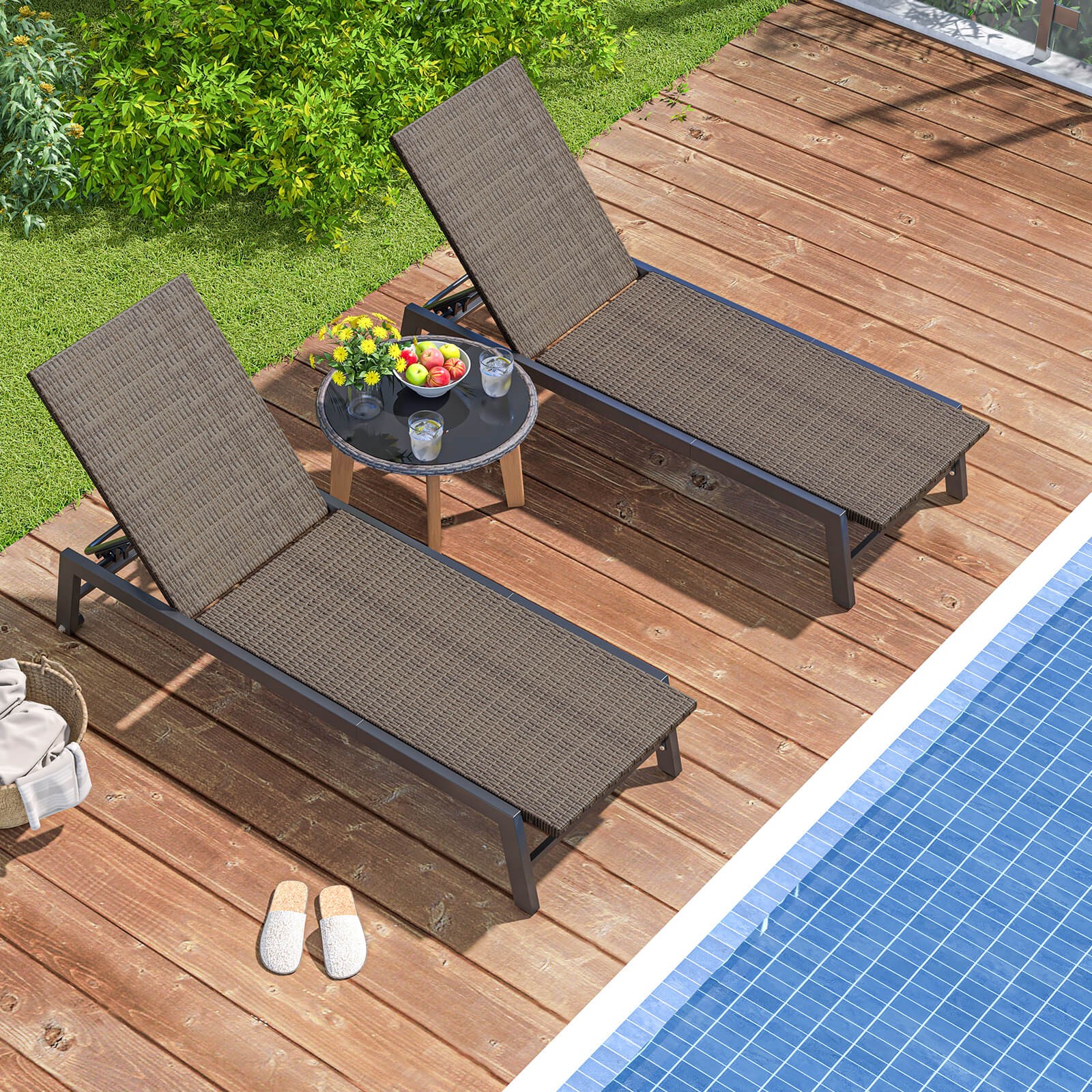 2PCS PE Wicker Outdoor Chaise Lounge Chair w/Wheels Reclining Chair for Poolside