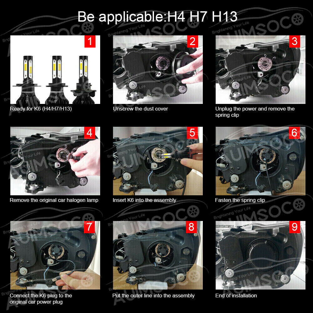 H13 9008 LED Headlight Bulbs Kit 10000W 1000000LM Hi/Lo Beam Super White Bright