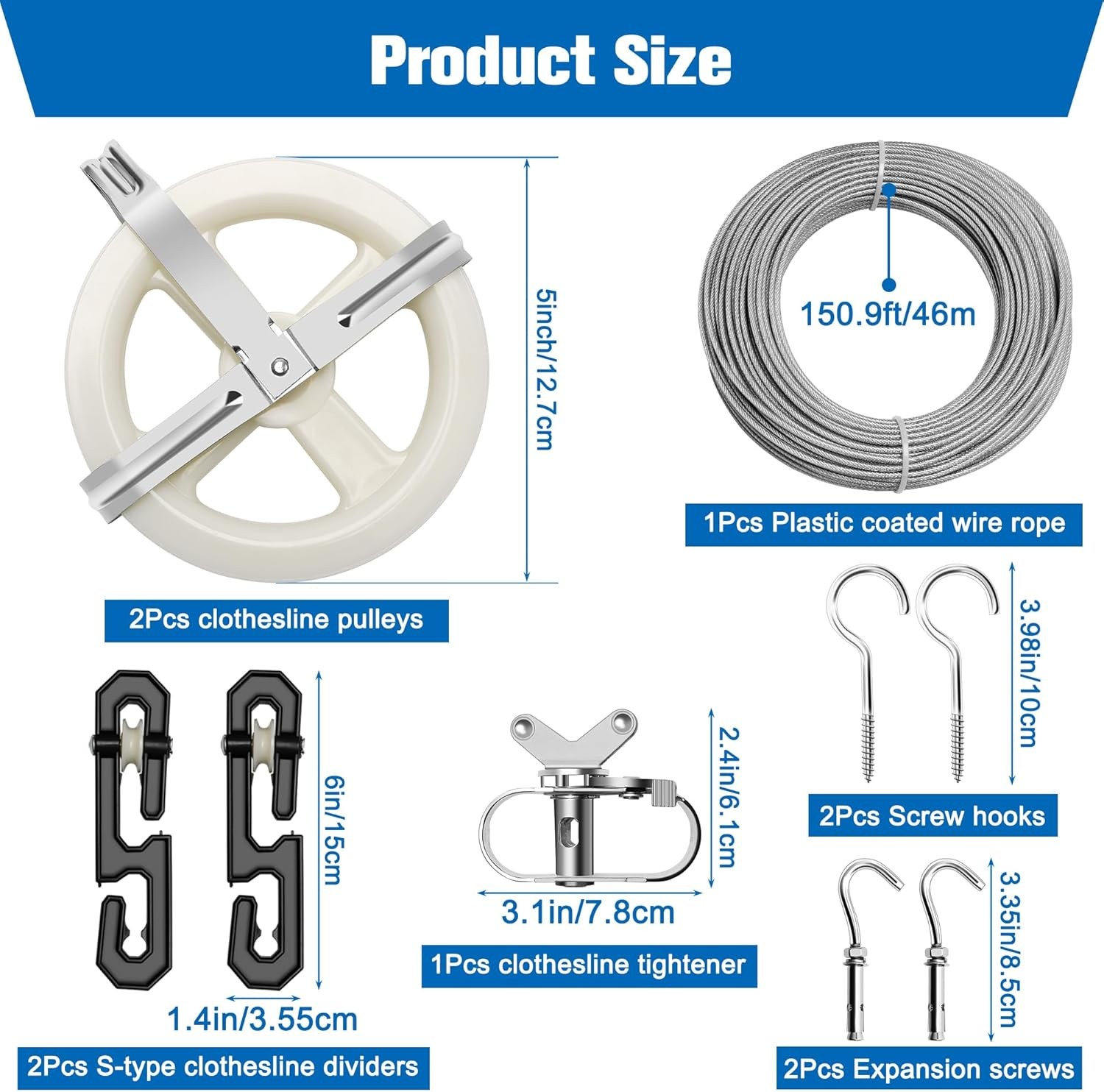 Clothesline Pulley Kit Outdoors 150.9FT PVC Wire Rope 5" Pulleys Tightener Hooks